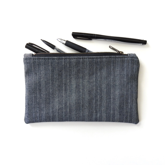 Black Herringbone Pencil Case, Medium Zipper Pouch