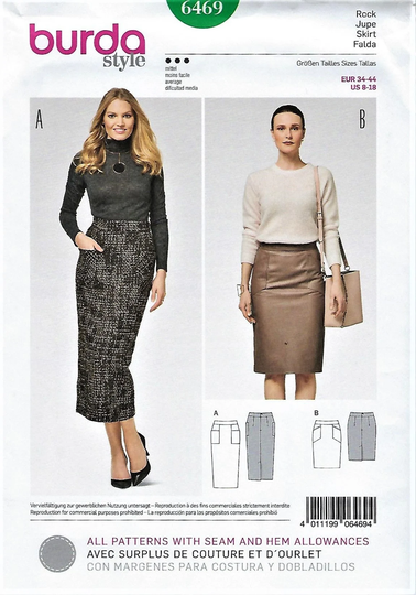 Burda Style Pattern #6469~Misses Pencil Skirts~Back Vent, Pockets, Shaped Waistband~Misses Sz 8-18