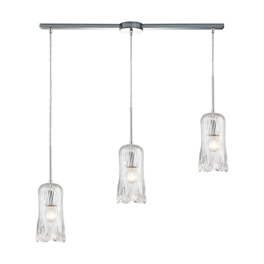 Hand Formed Glass 3-Light Linear Mini Pendant Fixture in Chrome with Clear Hand-formed Glass