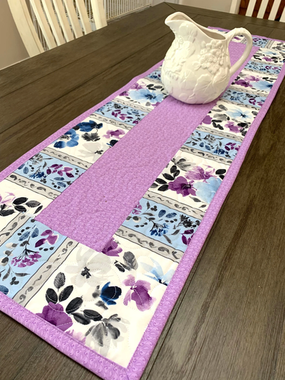 Lavender Table Runner Quilt, Spring Purple, Blue, White, Floral Topper Handmade Quilt
