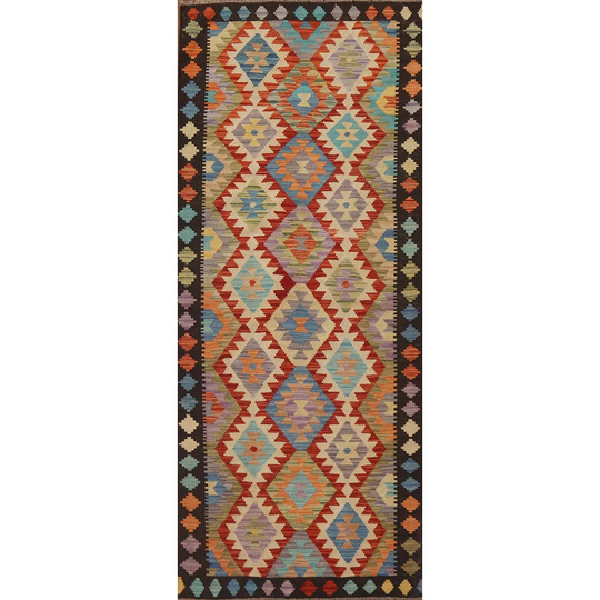 Colorful Kilim Runner Rug Flat-weave Geometric Wool Carpet - 2'11" x 8'0"