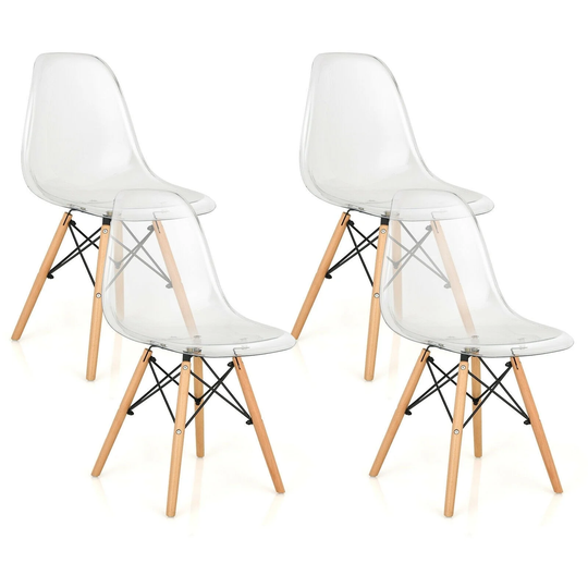 Set of 4 Dining Chairs Modern Plastic Shell Side Chair with Clear Seat and Wood Legs - 18" x 18" x 32" (L x W x H)