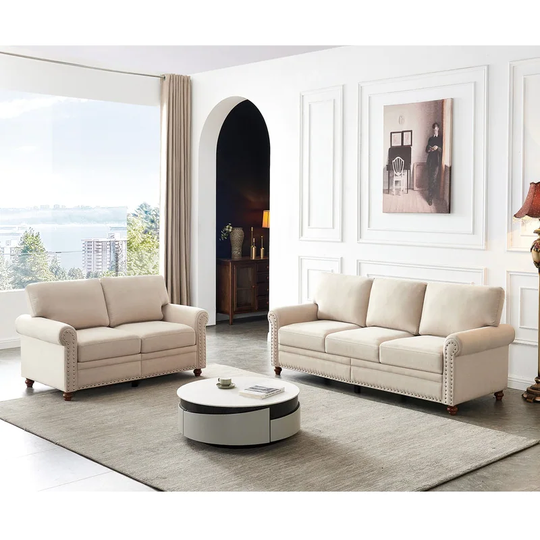 2-Piece 3-Seat Futon Sofa and Loveseat Set, Fabric Upholstery Storage Sofa Set for Living Room