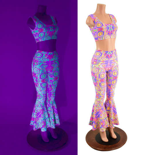 Neon Orb Print High Waist Bell Bottom Flares & Mini Length Crop Tank | 6" Underarm To Hemline 157893