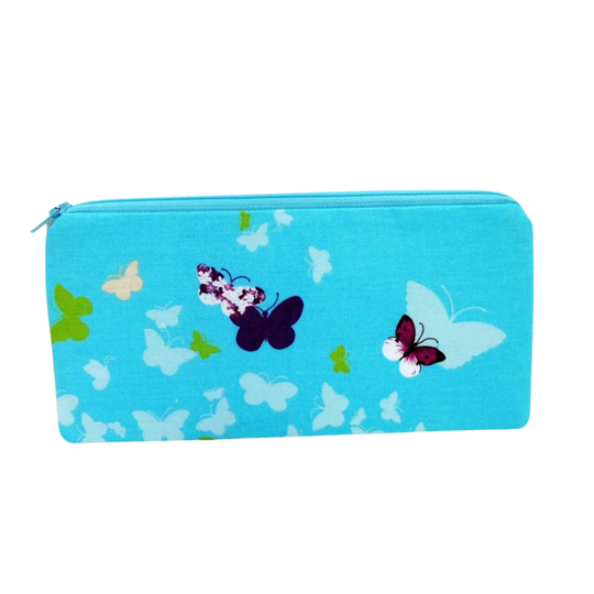 Zippered Pencil Pouch, Butterfly Sky, Turquoise Blue Zipper Pouch