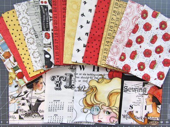3 Panels + 14 Yards Retired Best Of She Who Sews One Yard Bundle Red J. Wecker Frisch Main Calendar Pin Cushion Shop Signs Factory Cut