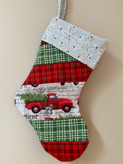 Quilted Christmas Stocking with Red Truck, Tree & Dog