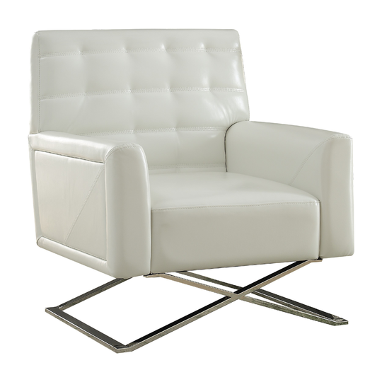 Polyurethane Upholstered Metal Accent Chair with Stationary Seat, White and Silver