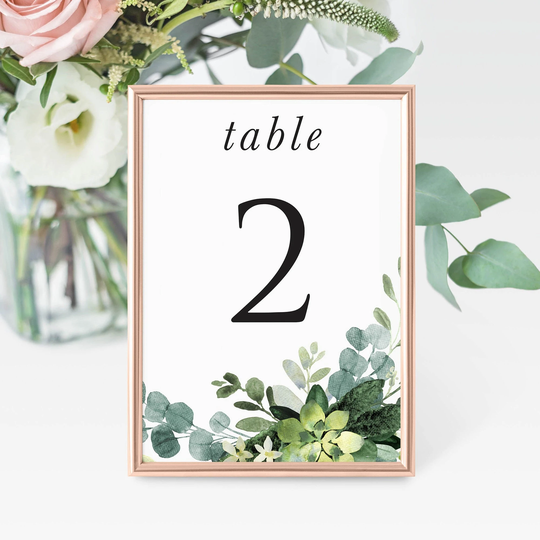 Printed Table Number Cards, Wedding Numbers