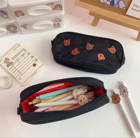 Embroidery Cute Bear Canvas Pencil Case, Storage Bag, Boys, Girls Pencil Case, Office, School Supplies, Party Favors, Case