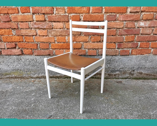Vintage Wooden Dine Chair/White Wood With Brown Leather Stol Kamnik 1970S /70S Dining Room Mid-Century Chairs Farmhouse