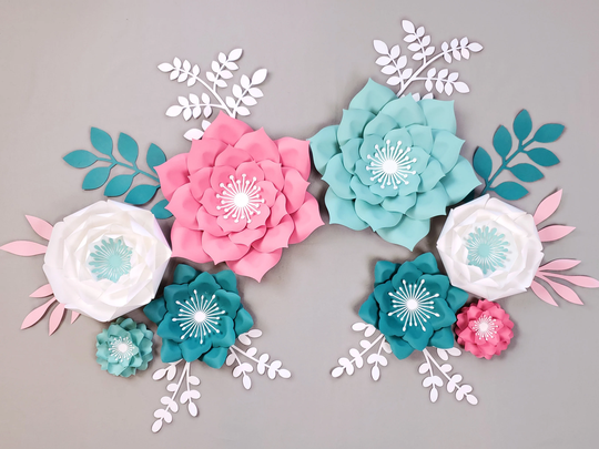 Paper Flowers Wall Decor in Pink & Teal, Nursery Wall, Turquoise Girl's Room