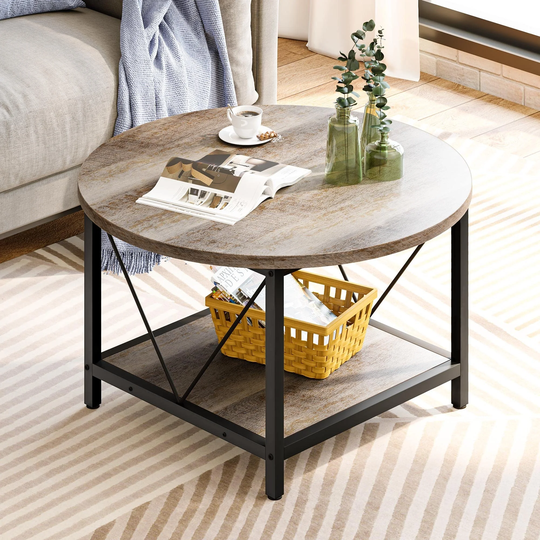 Round Coffee Table,Rustic Wood Coffee Tables for Living Room with Storage Shelf, Modern Farmhouse Circle Coffee Table Center