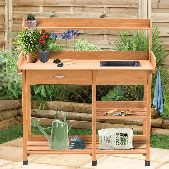 MCombo Potting Bench, Outdoor Garden Potting Table with Dry Sink, Drawer, Storage Shelves, Natural Wooden Work Station Patio