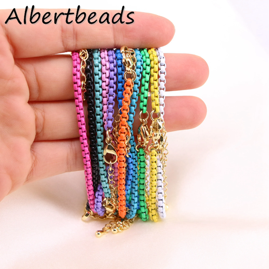 10Pcs, Colorful Enamel Chain Bracelet, Bright Color Box Link Bracelet