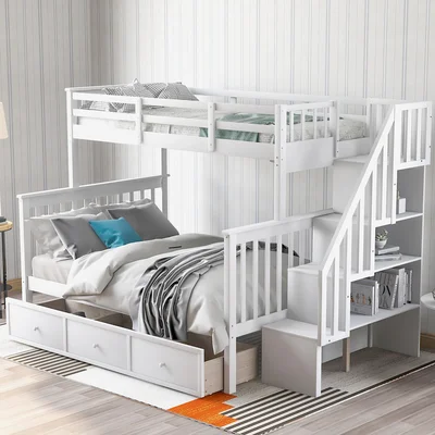 Stairway Twin-Over-Full Bunk Bed With Drawer, Storage And Guard Rail, Gray