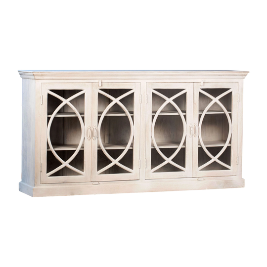 Cairo 81-inch Weathered White Wash Mango Wood 4-Door Sideboard with Glass Front Display Doors