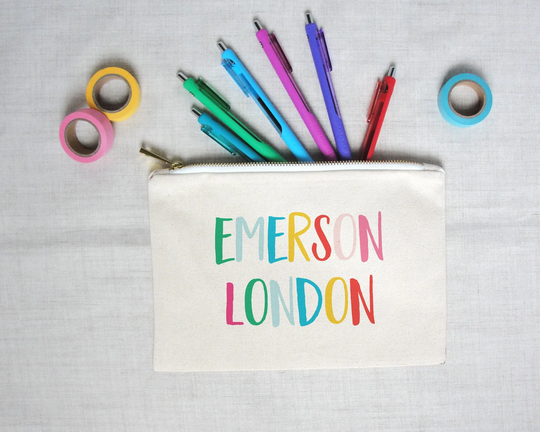 Whimsical Rainbow Letters Personalized Pencil Pouch, Canvas Zippered Travel Pouch Or Cosmetic Bag, Custom Colors
