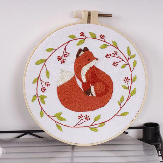 Fox Embroidery Kit, Hand Kit For Beginner, Full Kit Diy Floral Needlepoint Hoop Wall Art Kit, Modern Gifts