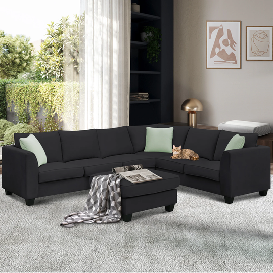 Sectional Sofa with Ottoman L Shape Fabric Sofa Corner Couch Set