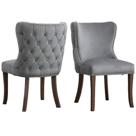 Set of 2 Classic Upholstered Wing-Back Dining Chair with Back Stitching Nail Head Trim and Solid Rubber Wood Legs