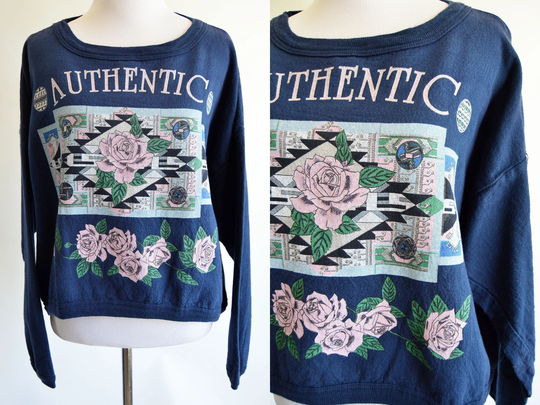 Southwestern Style Rose Crop Top Authentic 1990S Tompkins Ave By Plymouth Mills Long Sleeve Cropped Shirt Size Medium Large Xl