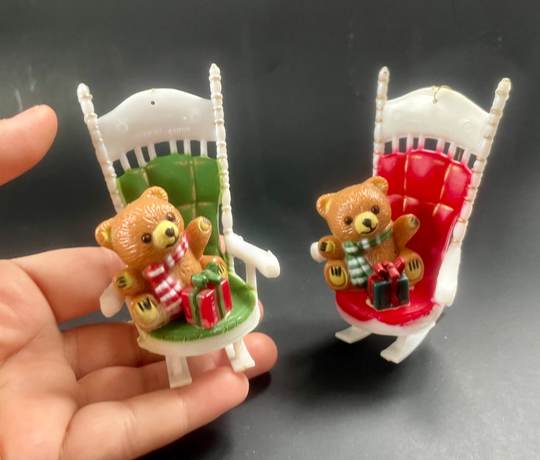 Vintage Teddy Bear On Rocking Chair Christmas Ornaments Set Of 2 Plastic, Retro Cute Toy Bear Rocking Chair Ornament, Gift For New Parents