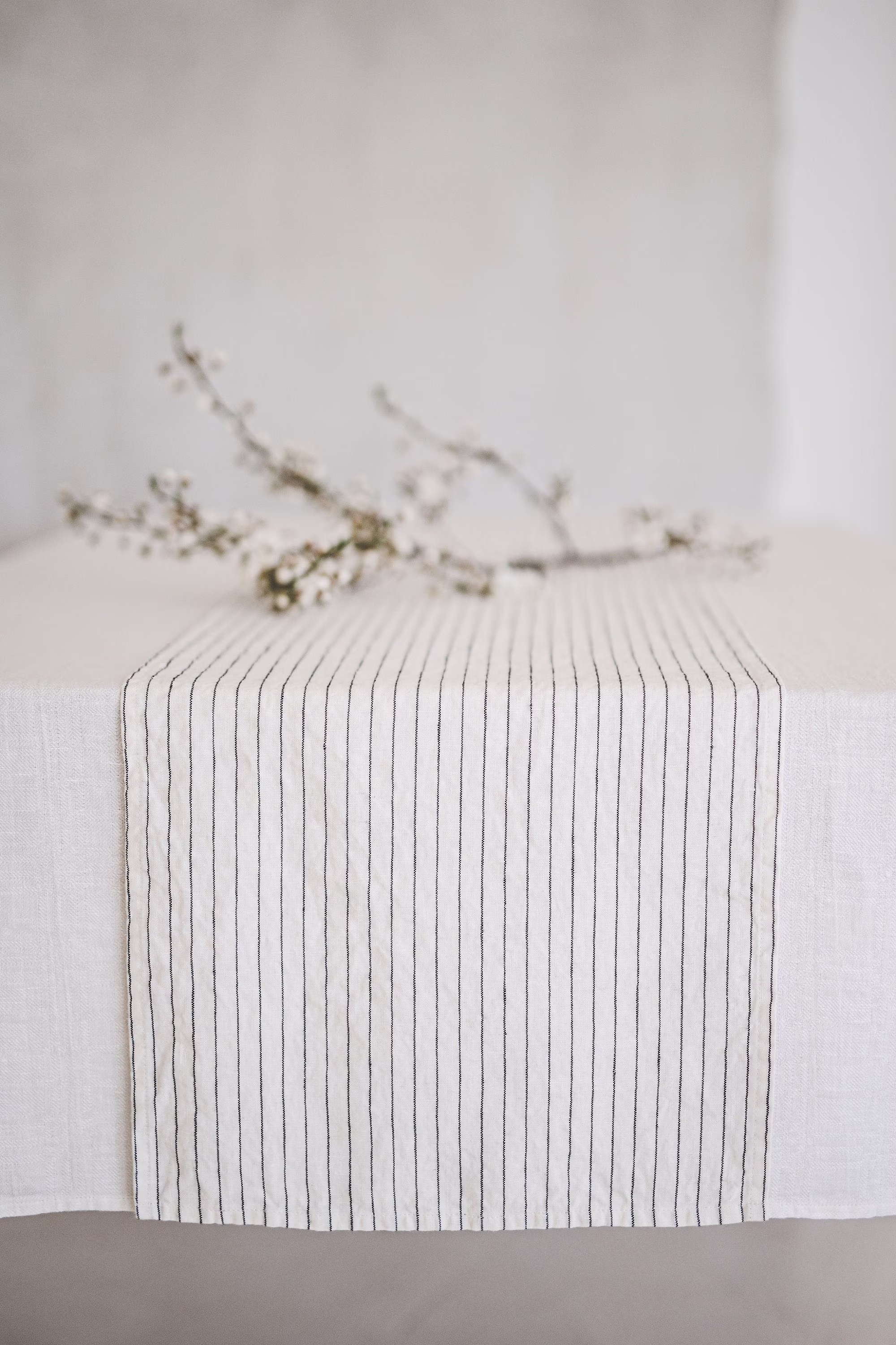 White Linen Table Runner With Black Stripes, Handmade Softened Runner, Wedding Table Linens, Decor