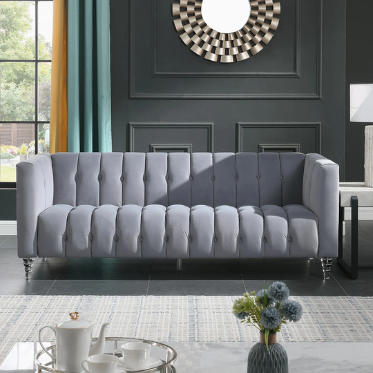 Modern Velvet 3 Seater Sofa Upholstered Chesterfield Bench Couches, Luxurious Plush Lines Decorate Sofa with Acrylic Leg