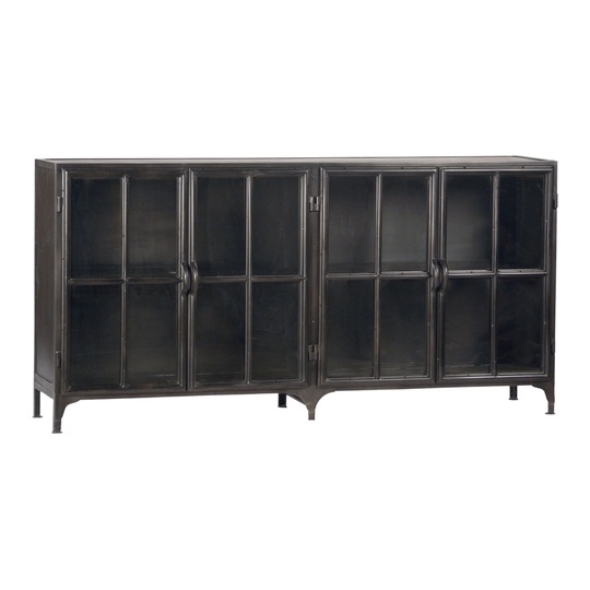 Onyx 72" Gunmetal Black Steel Sheet Metal 4-Door Sideboard with Glass Front Doors