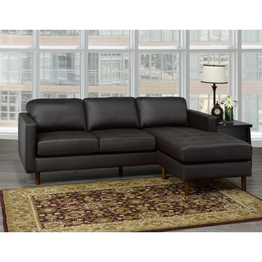 Mack Mid Century Modern Chocolate Brown Top Grain Leather Tufted Sectional Sofa