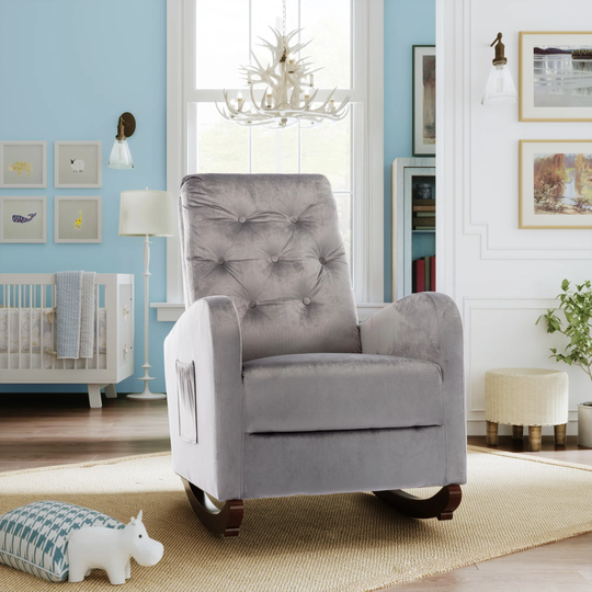 Simple Post-Modern Design Velvet High Back Rocking Chair Nursery Chair with High Backrest and Cozy Armrest
