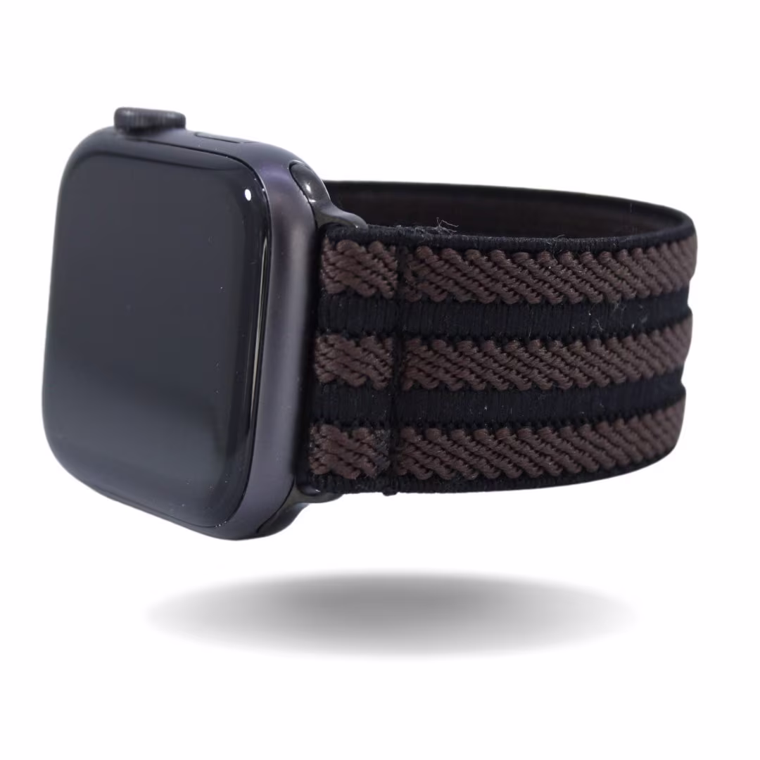 Elastic Watch Band For Apple - All Series | Models 1 8, Se, Ultra Brown Black Textured Stripes | Handmade Stretchy Comfy Strap
