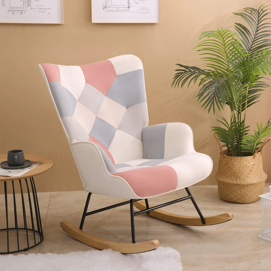 Mid Century Fabric Rocking Chair with Wood Legs and Patchwork Linen for Livingroom Bedroom