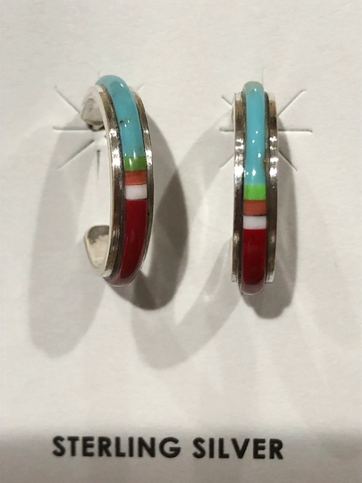Hoops Earring/Inlay/Blue Colorful Inlay Earrings/Hoops Multi Color Earrings/sterling Silver Hoops Earrings