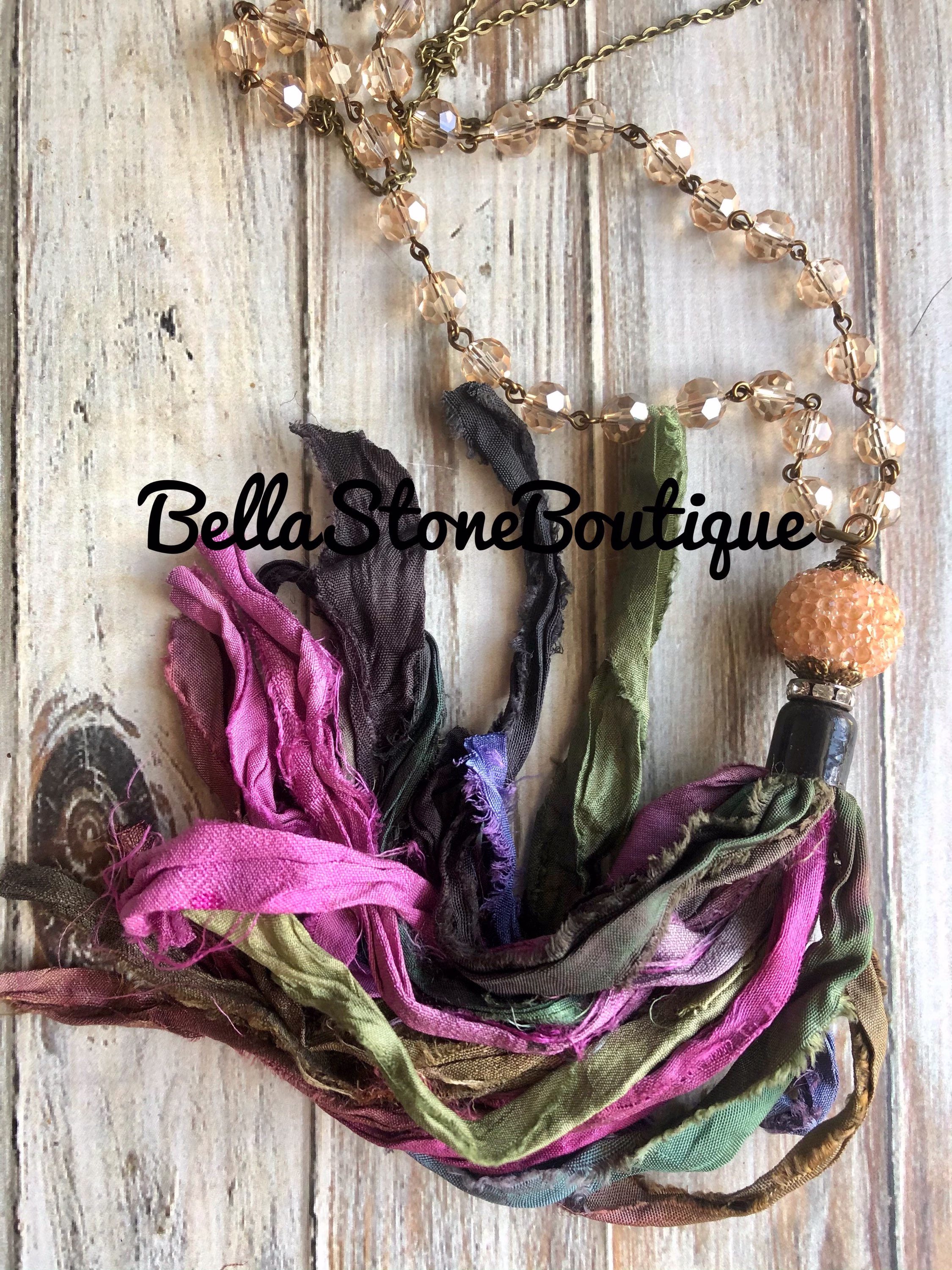 Crystal Sparkle Multi Color Sari Silk Tassel Necklace/Sari Silk Necklace/Black Green Pink/Boho Tassel/Hand Bead Chain