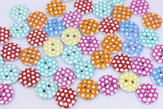 Polka Dot Buttons, Colorful Retro Style, Natural Wooden Material, Mixed Colors, Two Holes, Rainbow 15mm, 0.59Inch, Pink Orange White