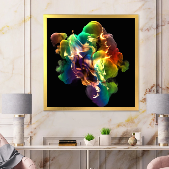 Designart 'Splash Of Gold And Smoke Rainbow Color On A Black' Modern Framed Art Print