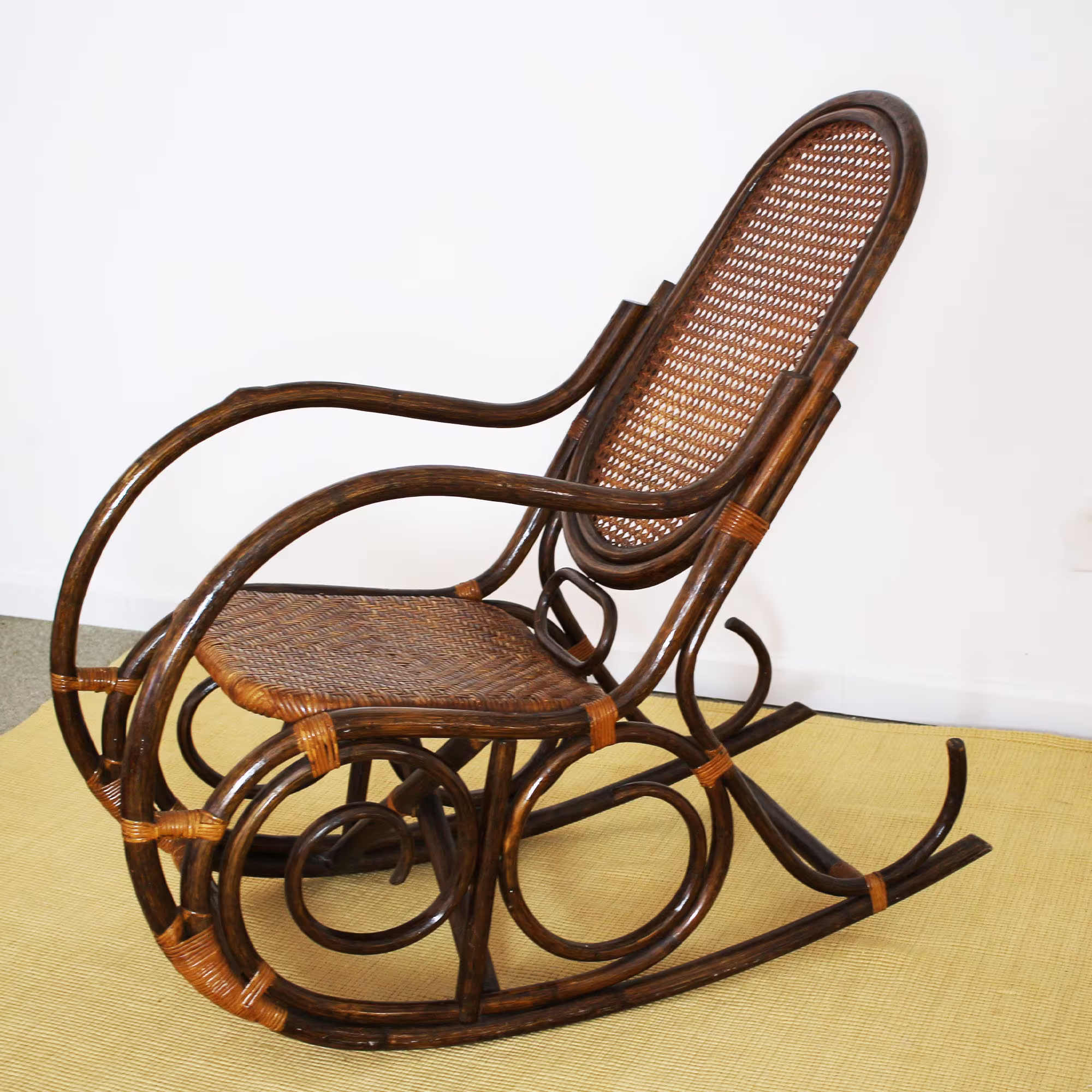Vintage Boho Cane & Rattan Bentwood Style Rocking Chair