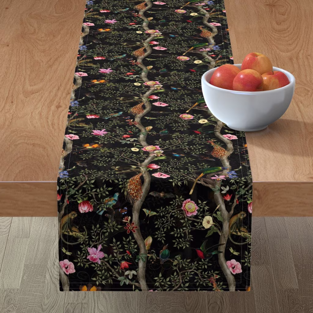Maximalist Garden Table Runner - Tropical Animals By Utart Moody Floral Chinoiserie Black Cotton Sateen Spoonflower