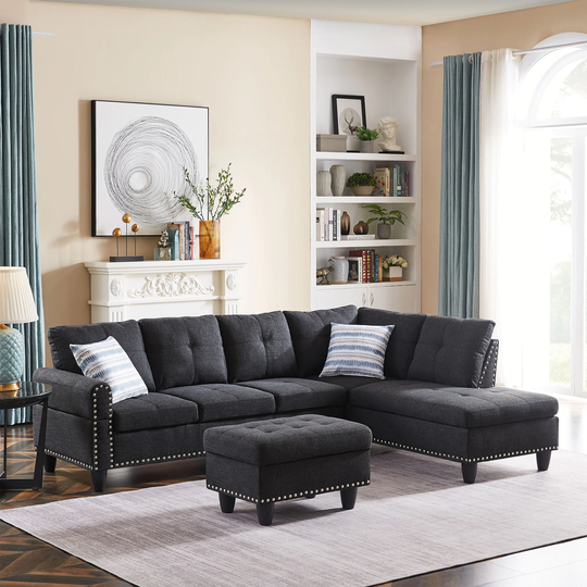 Modern Sectional Sofa Set with Chaise Lounge and Storage Ottoman 6 Seat Corner Sectional Black L Shaped Living Room Couch