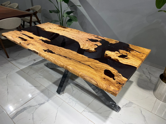 Epoxy Resin Dining Table, Olive Handmade River Live Edge Custom Black Transparent Clear Natural Wood