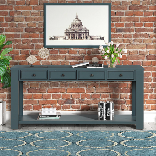 63" Pine Wood Console Table with 4 Drawers and 1 Bottom Shelf for Entryway Hallway Easy Assembly 64 inch Long Sofa Table