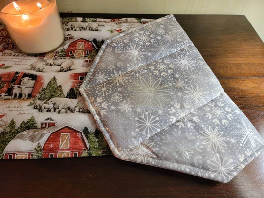 Christmas Quilted Table Runner. Country Farmhouse & Winter Snowflakes. Reversible . Christian Scripture. Hostess Gift
