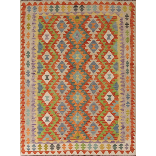Reversible Kilim Rug Hand-woven Multi-Color Wool Carpet - 5'1" x 6'7"