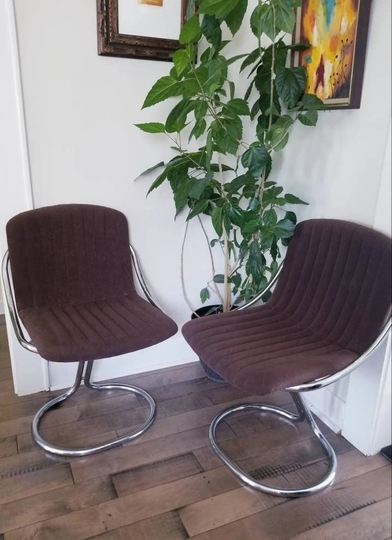 Pair Of 2 Chairs - Vintage Chrome/Velvet Mid Century Modernist Italian Tubular in Chocolate Brown/Chrome
