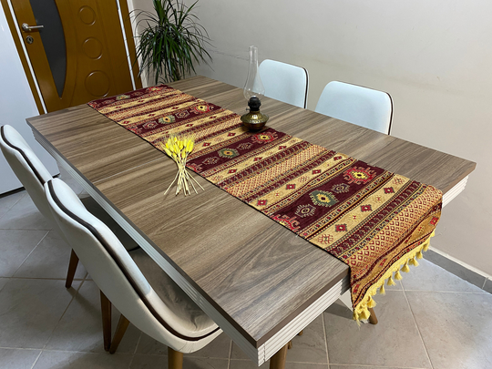 Burgundy Kilim Pattern Turkish Table Runner, Long Boho Wedding Decor, Aztec Mustard Farmhouse Rustic Rnr369