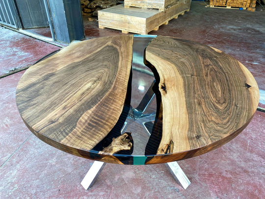 Walnut Wood Coffee Table/Clear Epoxy Dining Center Side Live Edge Round Handmade