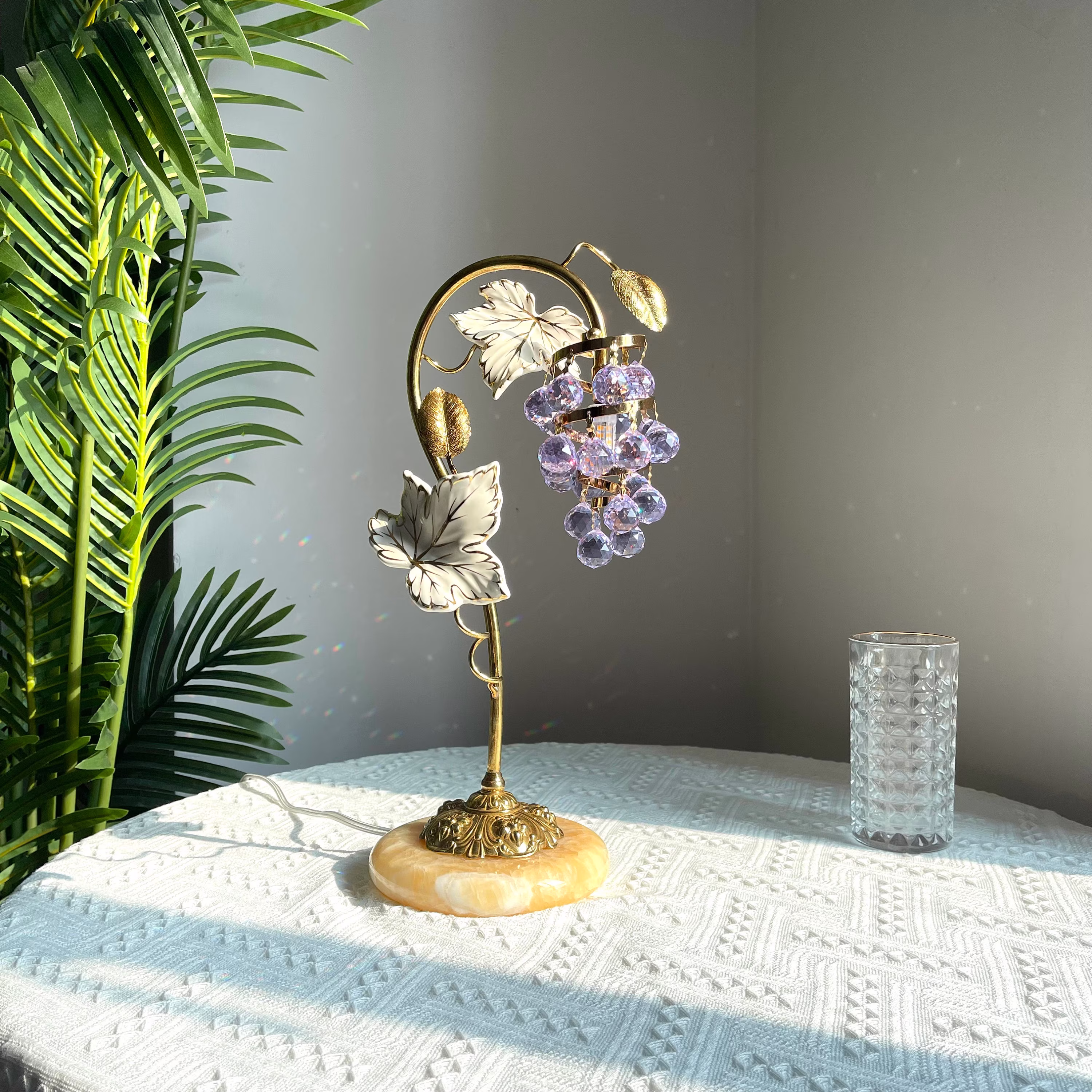 Purple Grape Crystal Table Lamp - Sun Catcher Rainbow Maker Desk Decor Made With Brass & Stone Cute Bedside Unique Gift For Her
