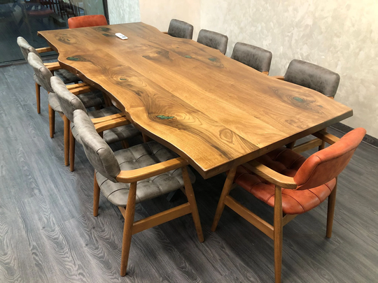 Living Edge Dining Table, Solid Walnut Wood, Live Edge, Table & Bench